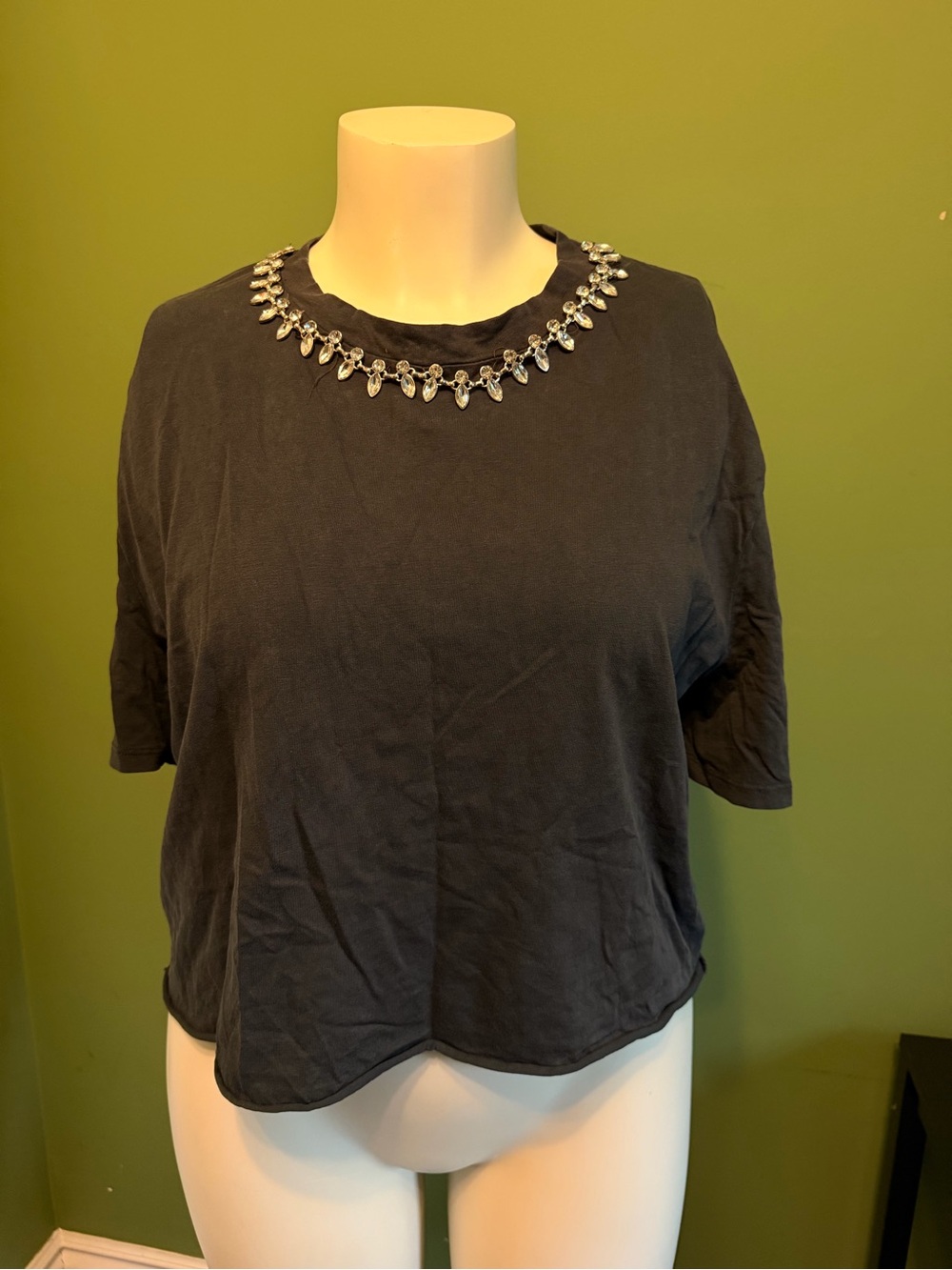 Zara Black Short-Sleeve Embellished Crop Top